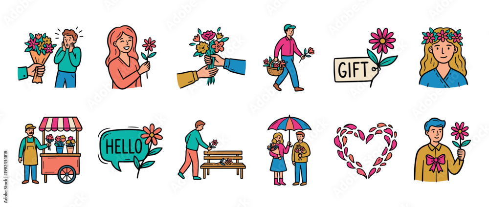 Obraz premium Collection of colorful doodle style illustrations showing people giving and receiving flowers as gifts for romantic dates and celebrations, featuring a florist, a couple, and heart symbols