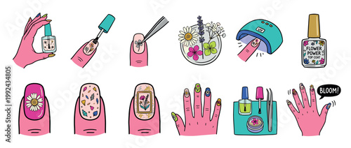 Colorful doodle illustration set showing a floral manicure process with nail polish, dried flowers, tweezers, and a UV lamp for creating beautiful spring-themed nail art