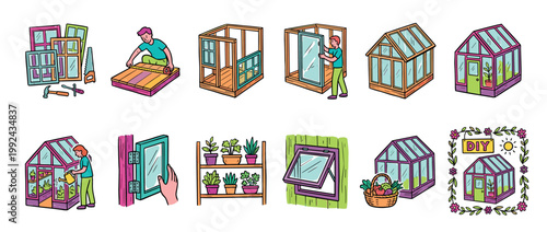 Hand-drawn icon set showing greenhouse construction steps, including building the frame, planting seedlings, watering plants, and harvesting a basket of fresh homegrown vegetables