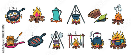 Colorful collection of hand-drawn camping cooking equipment icons showing campfires, kettles, pans with food, tripods, and firewood for outdoor adventure themes