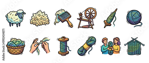 Hand-drawn wool production and knitting icons featuring a sheep, fleece, spinning wheel, yarn ball, and needles, illustrating the entire process of making textiles from wool