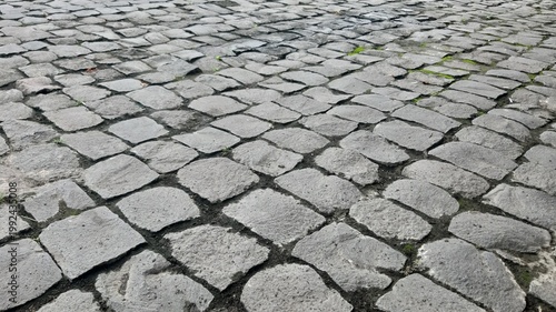 Cobblestone pavement surface with irregular stone patterns showing urban texture outdoor environment and decorative detail suitable for background design and architectural projects