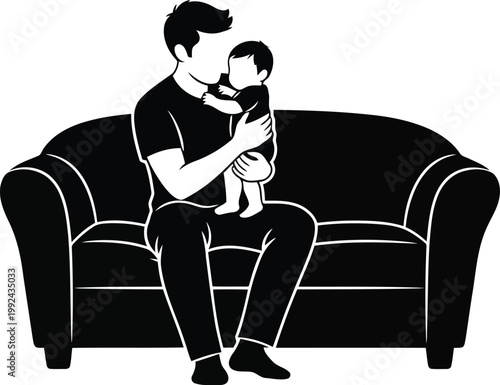 Flat vector illustration, isolated on white background. A young father sitting on a simple sofa, holding his toddler in his arms. Warm minimalism