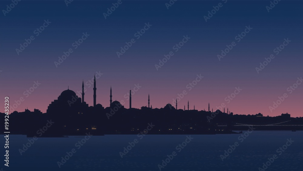 Naklejka premium Istanbul city skyline silhouette at dusk over the bosphorus, showcasing historic architecture