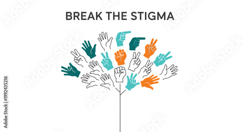 Mental health awareness tree, break the stigma, hand icons, colorful illustration, social issue symbol