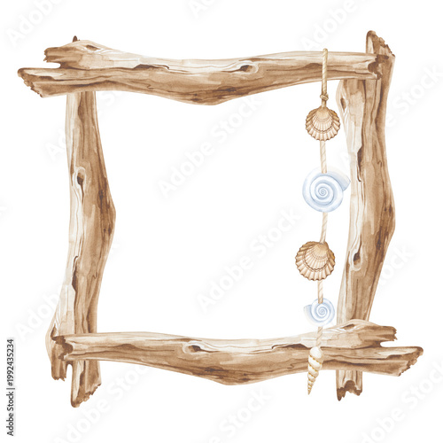 A rustic watercolor square frame made of textured driftwood branches. The frame is decorated with a string of hanging seashells, including scallops and spiral shells, suspended on a natural rope
