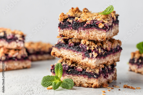 Photos Baked oatmeal bars or crumble squares with fresh blueberry on white textured background