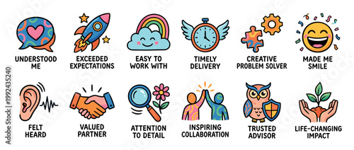 Colorful set of customer feedback icons representing positive business values like collaboration, trust, and satisfaction in a cute, hand-drawn cartoon illustration style for testimonials