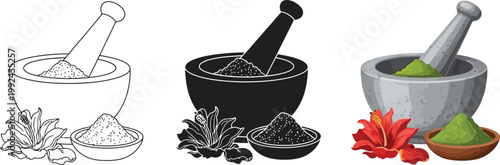 Mortar and pestle with herbs and flowers set of three styles for traditional medicine and aromatherapy concepts isolated on white