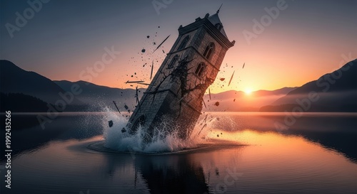 Dramatic depiction of a collapsing tower amidst a serene lake at sunset scenery