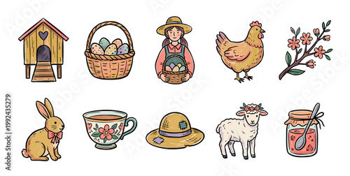 Set of hand-drawn Easter and farm illustrations featuring a rabbit, lamb, chicken, farmer girl, egg basket, coop, and jam jar in a cute, rustic cartoon doodle style