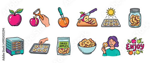 Set of colorful cartoon illustrations showing the step-by-step process of making homemade dried apple chips, from peeling and slicing fresh fruit to using a dehydrator and enjoying the healthy snack