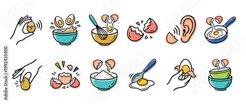 Set of twelve colorful hand-drawn icons illustrating the process of cooking eggs, including cracking, whisking in a bowl, frying in a pan, and separating the yolk