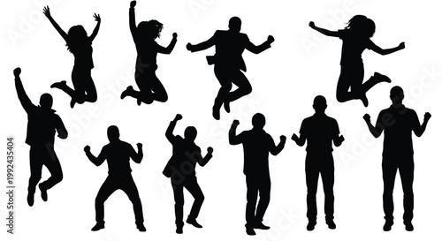Silhouettes of people jumping and celebrating with arms raised high