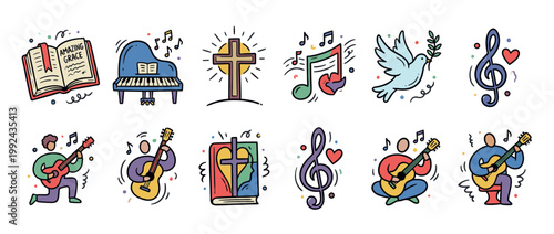 Set of hand-drawn Christian music illustrations in a colorful doodle style showing a cross, piano, guitar, dove, and hymn book for worship and praise themes