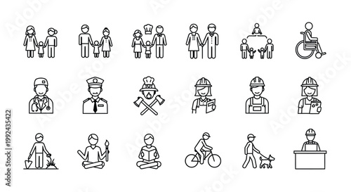 Diverse group of simple line icons depicting various occupations and people