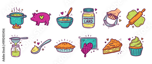 Colorful hand-drawn icon set of lard making and baking, showing a pig, rendering pot, dough, rolling pin, pie, and cupcake in a cute, charming doodle illustration style