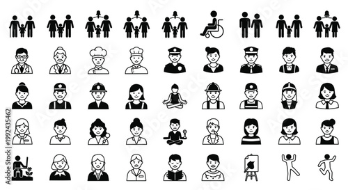 Diverse set of black and white icons depicting people families and professions