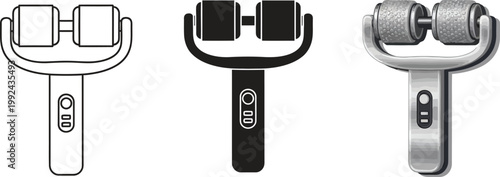 Set of facial massage rollers beauty tool icons in outline solid black and metallic styles for skincare and wellness concepts