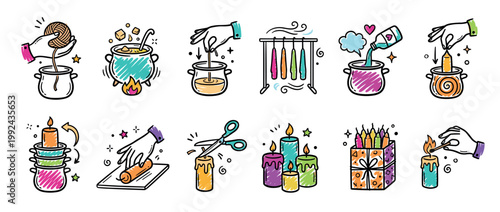 Hand-drawn candle making icons in a colorful doodle style illustrating the DIY process from melting wax and dipping wicks to trimming and lighting the finished handmade product