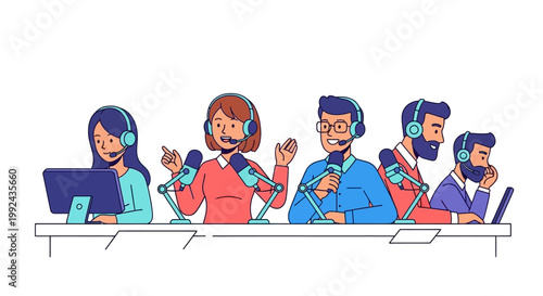 Diverse group of people wearing headsets and working together.