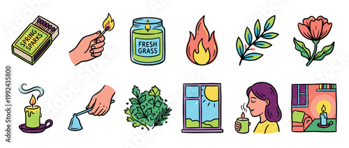 Collection of colorful hand-drawn illustrations featuring candles, matches, flowers, and cozy home elements for aromatherapy and relaxation concepts in a doodle style