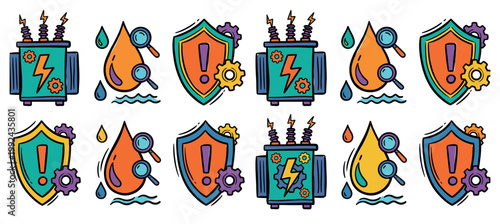 Colorful hand-drawn doodle icon set featuring an electrical transformer, water quality inspection, and a security shield with gears, illustrating concepts of utilities, safety, and maintenance