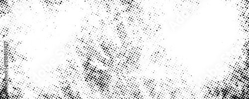 Grunge halftone background. Fading gritty noise gradient texture. Black and white sand wallpaper. Anime or manga comic style overlay. Wide long retro pixel backdrop. Vector rasterized grit print