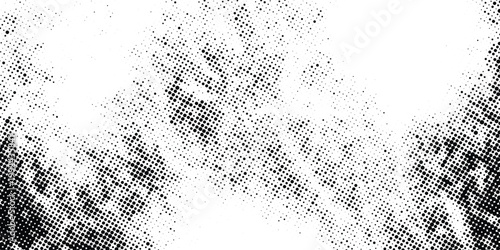 Grunge halftone background. Fading gritty noise gradient texture. Black and white sand wallpaper. Anime or manga comic style overlay. Wide long retro pixel backdrop. Vector rasterized grit print