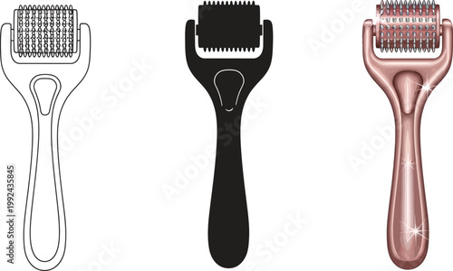 Derma roller set with outline black and rose gold versions isolated on white background for skincare and beauty treatments