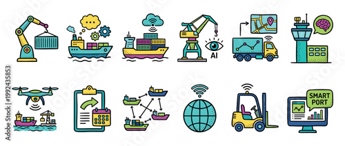 Colorful hand-drawn icon set illustrating smart port technology, logistics, and supply chain management concepts with doodle-style drawings of ships, cranes, drones, and automation