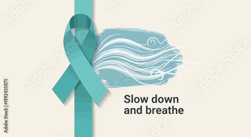Teal awareness ribbon, calming wave design, mental health symbol, relaxation concept