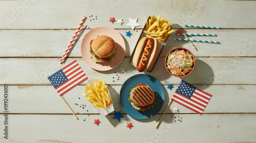 Patriotic Summer Picnic Food Flat Lay with Burgers Hot Dog and Red White Blue Decorations