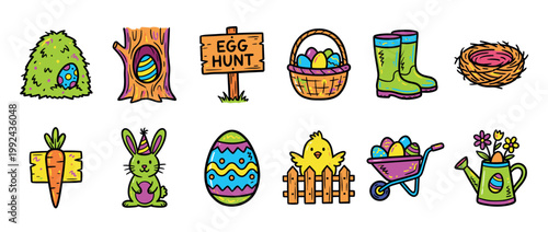 Colorful collection of hand-drawn Easter illustrations with a bunny, chick, decorated eggs, basket, and egg hunt sign in a fun cartoon doodle style for spring celebrations