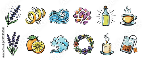 Set of hand-drawn aromatherapy icons featuring lavender, lemon, essential oil, a candle, and herbal tea in a colorful watercolor doodle style for wellness and relaxation concepts