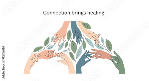 Vector hands holding tree with leaves, connection brings healing, mental health illustration, wellness symbol