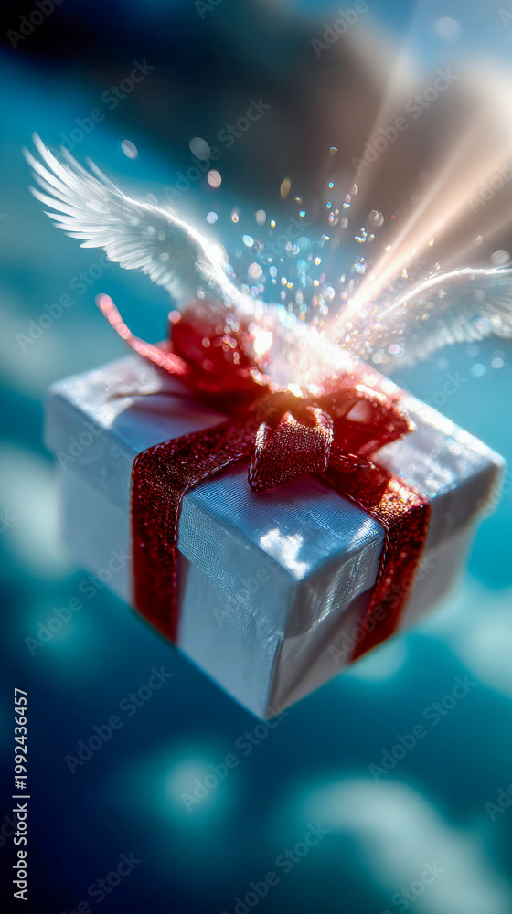 Naklejka premium A gift box with feathered wings floating in soft dreamy light