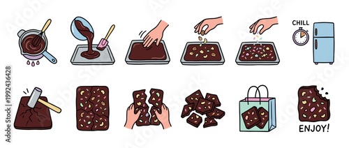 Step-by-step illustrated guide for making homemade chocolate bark with nuts and sprinkles, showing the cooking process from melting to enjoying, in a cute cartoon doodle style