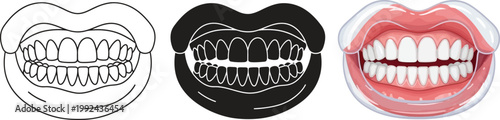 Collection of mouth and teeth icons including line art silhouette and realistic styles for dental care and oral hygiene concepts