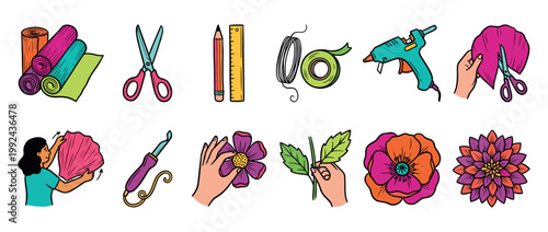 Colorful set of paper flower making icons showing tools like scissors, glue gun, and the crafting process from paper rolls to finished floral decorations in a doodle illustration style