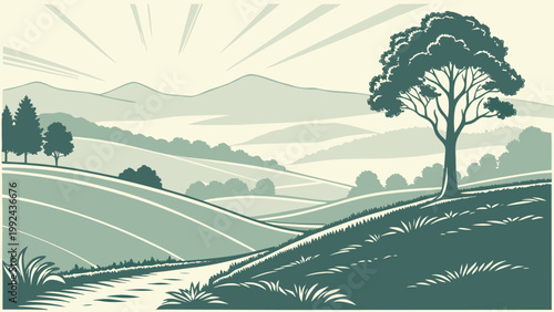 Calm rolling hills and farmland in soft tones. Clean and simple vector illustration, perfect for backgrounds, banners, and eco or agricultural projects.