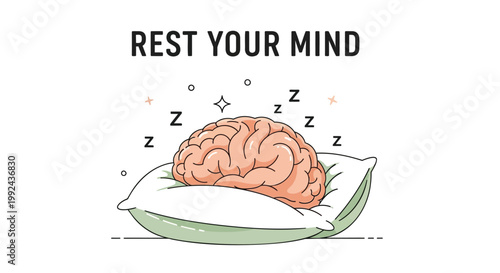 Brain on pillow, rest your mind, sleep, relaxation, mindfulness vector