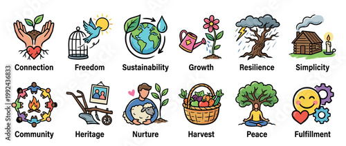 Set of twelve colorful hand-drawn icons representing core life values like connection, freedom, sustainability, community, peace, and fulfillment in a charming doodle style