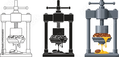 Set of press machines extracting oil from nuts vector illustration in line art silhouette and realistic styles for food industry concepts