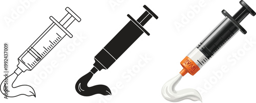 Set of syringe icons with paste vector illustrations for medical dental or cosmetic applications isolated on white