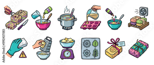 Colorful set of handmade soap making process icons showing tools, ingredients, and crafting steps like mixing, pouring, cutting, and wrapping in a detailed cartoon illustration style