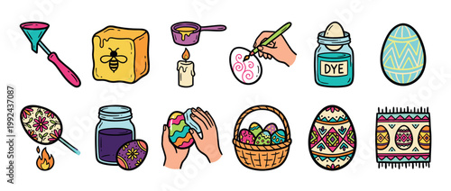 Colorful Easter egg decorating icon set showing the traditional pysanky craft with beeswax, a kistka stylus, dye jars, and beautifully ornamented eggs in a wicker basket