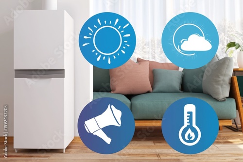 Kitchen With a White Fridge and a Couch in a Bright Room Showing Weather Symbols Indoors