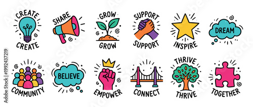 Colorful set of hand-drawn motivational icons representing concepts like community, support, growth, and empowerment in a vibrant, positive doodle style for inspiration