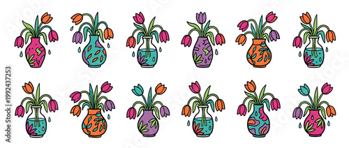 Collection of colorful hand-drawn tulip bouquets in patterned vases with a whimsical doodle style, showcasing a variety of floral arrangements and vibrant ceramic pots